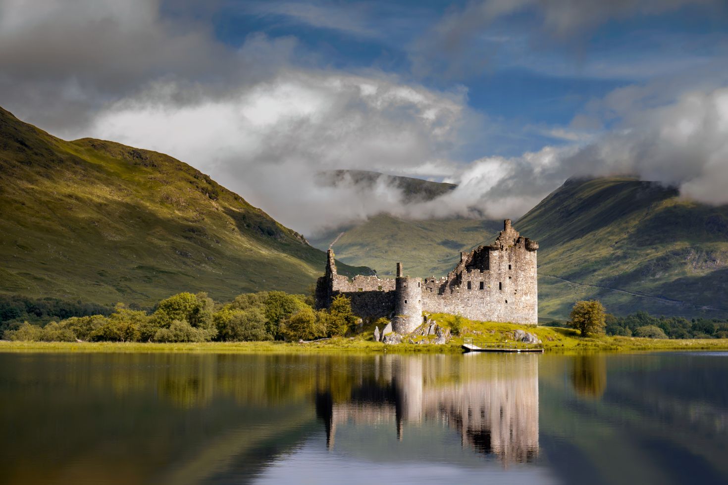 Reflection of Kilchurn Castle in Loch Awe, Highlands, Scotland in October