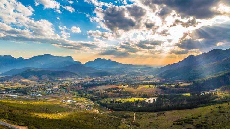 Scenic view of Franschhoek in the middle of the wineyards in South Africa in August.