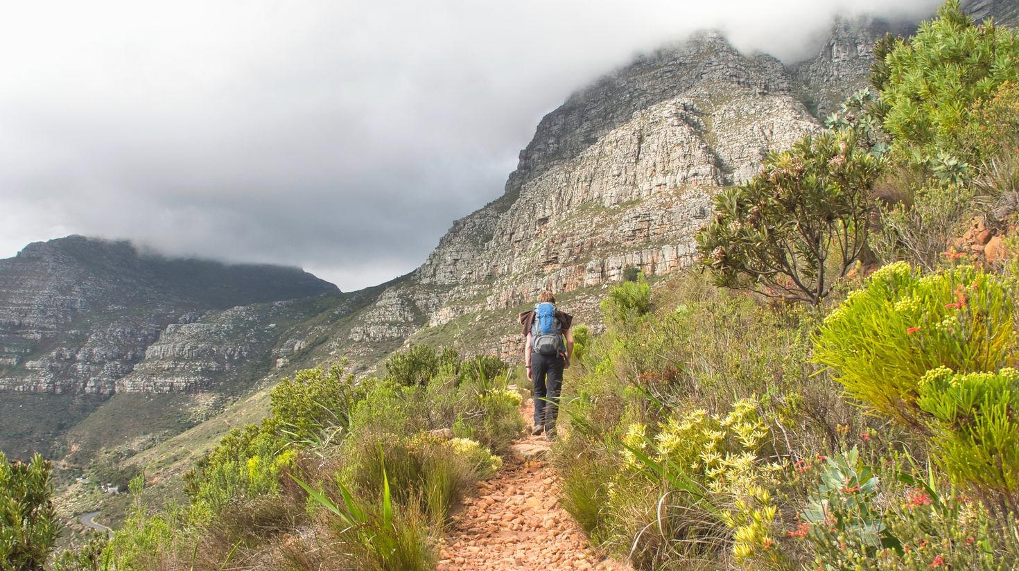 A young man walks up to the top of Table Mountain.