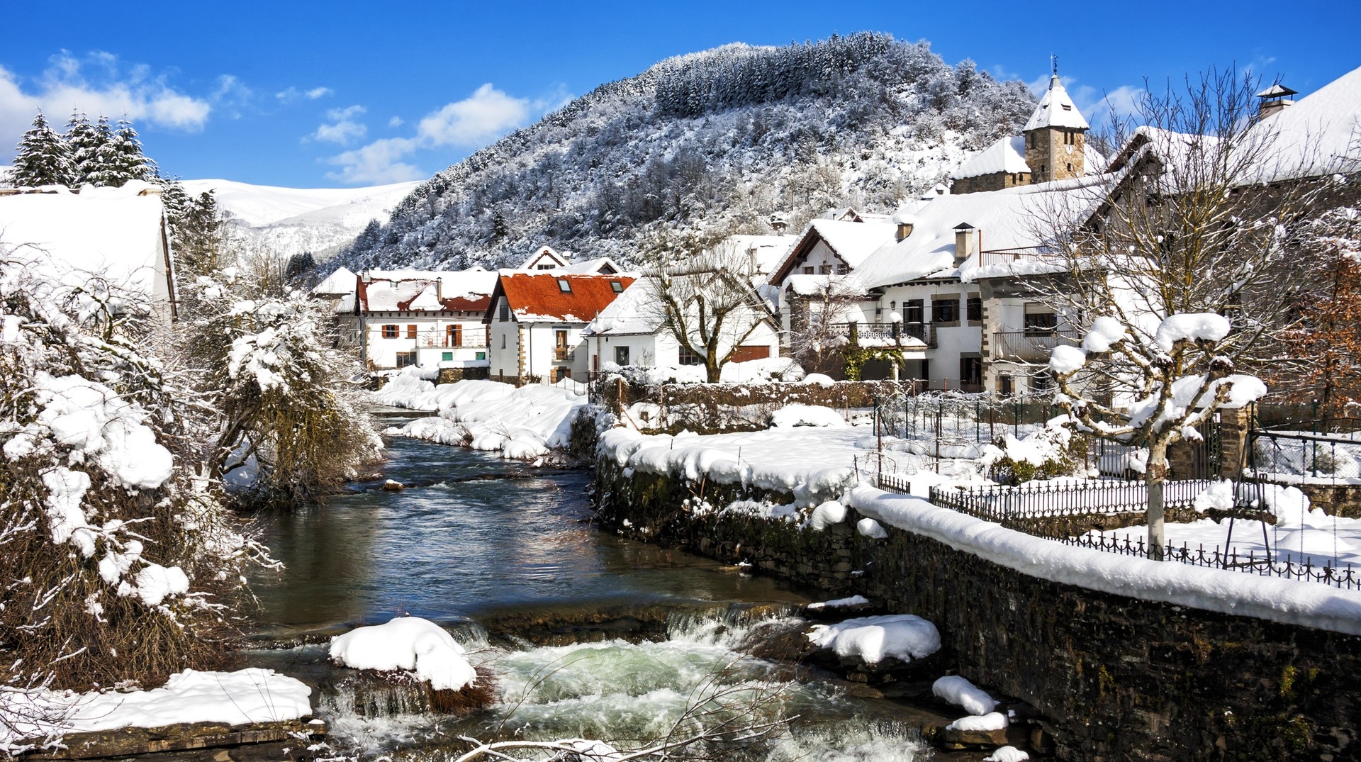 Snow-covered Ochagavia village in Navarra, Spain Snowfall in Ochagavia village in Navarra Spain