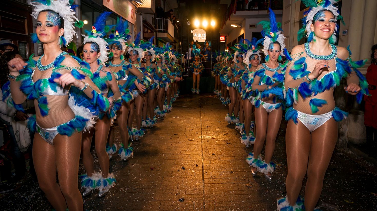 Sitges Carnival's Carnestoltes, dancing girls in a costume during the 'Disb