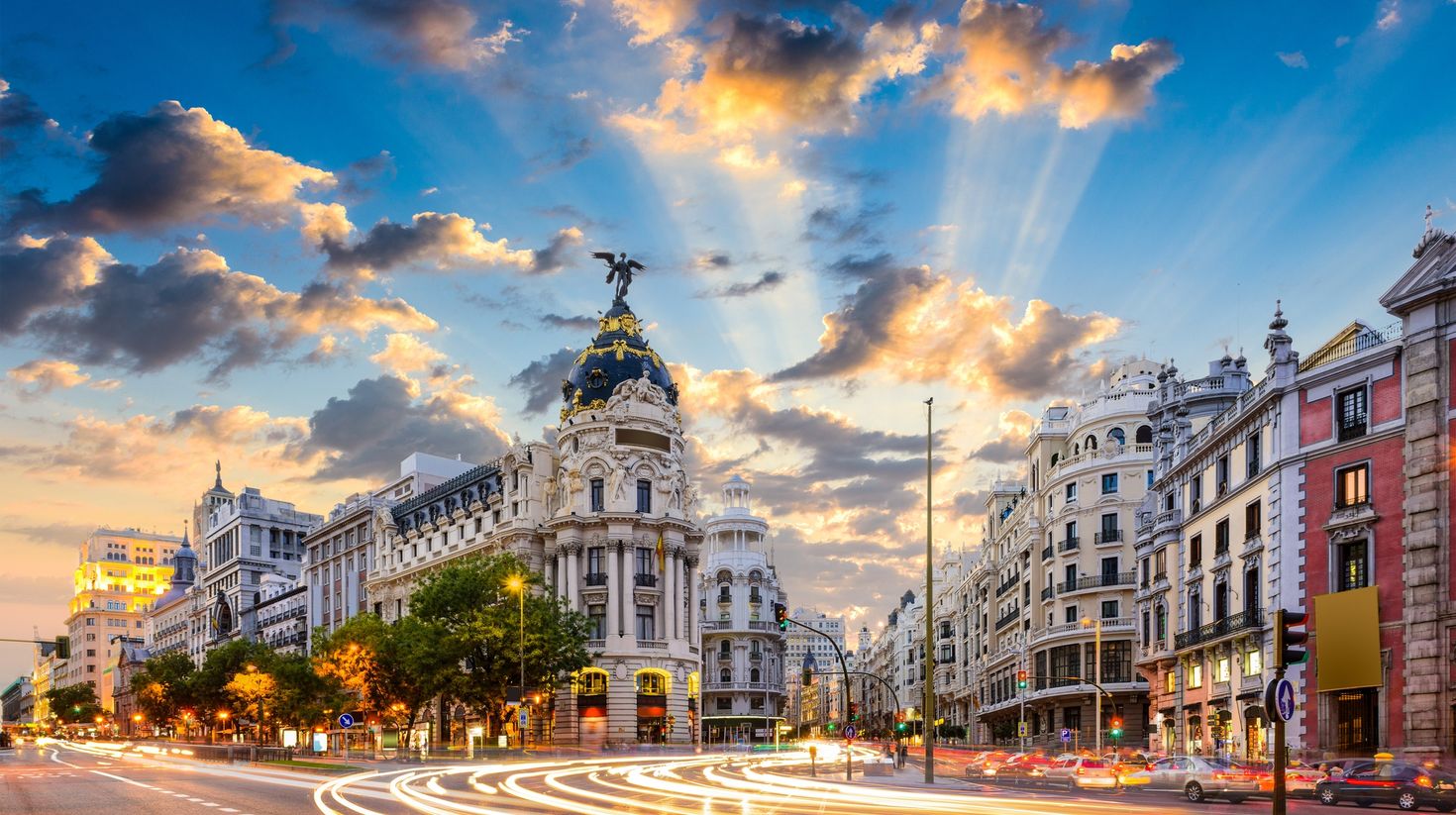 Madrid, Spain cityscape at Calle de Alcala and Gran Via.