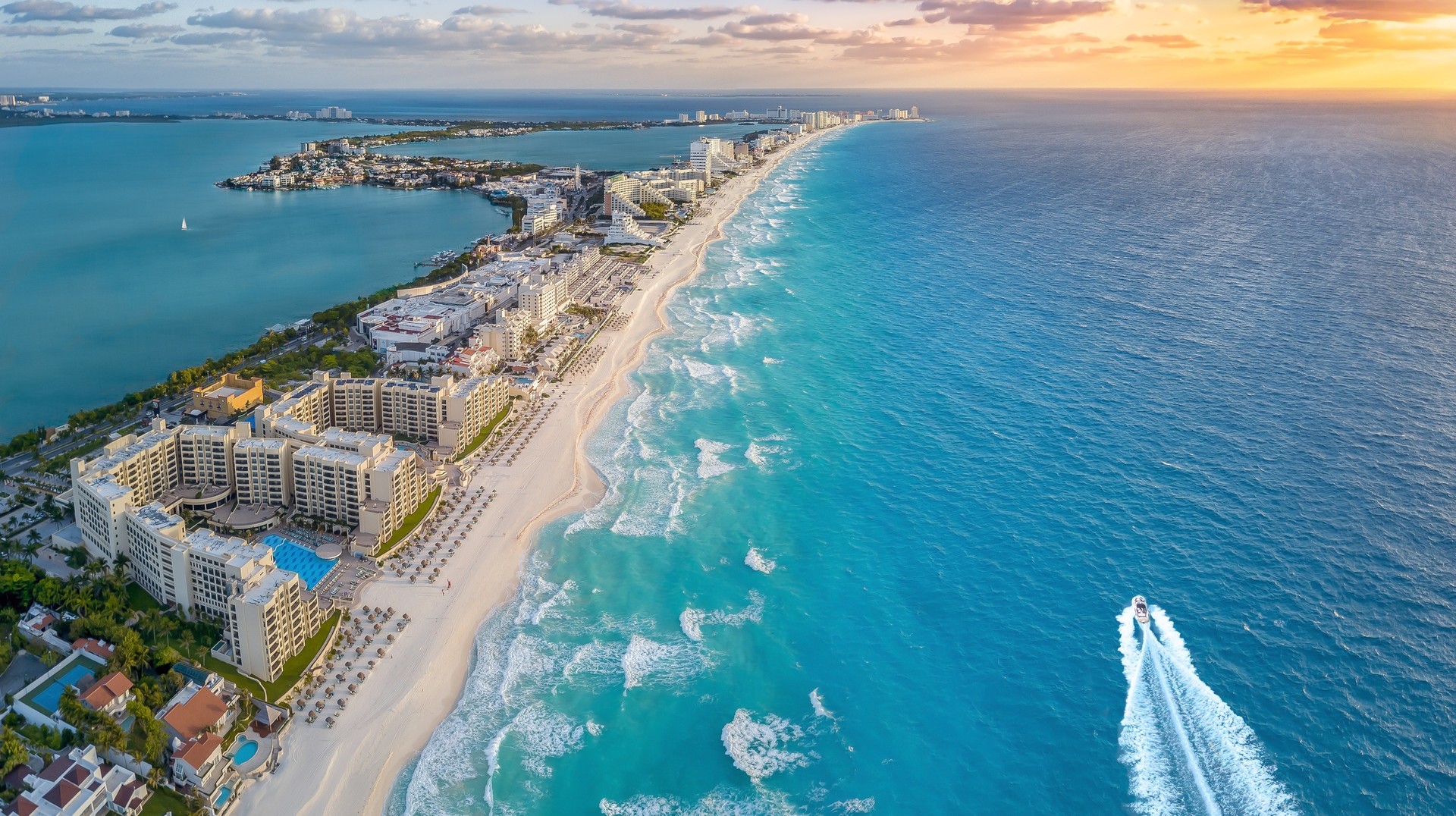 Aerial view of the city on the Cancun Beach shore during summer in Mexico.