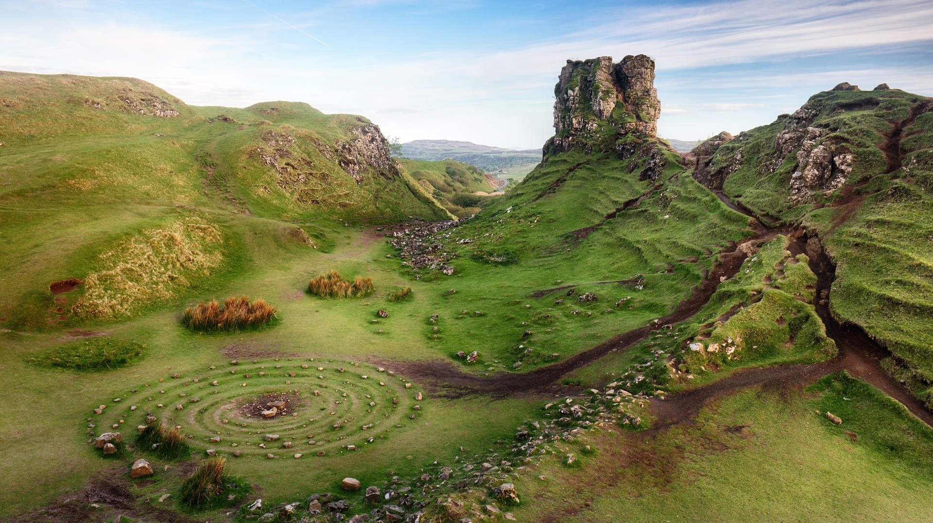 Unique rock formations on an island in Scotland in summer.