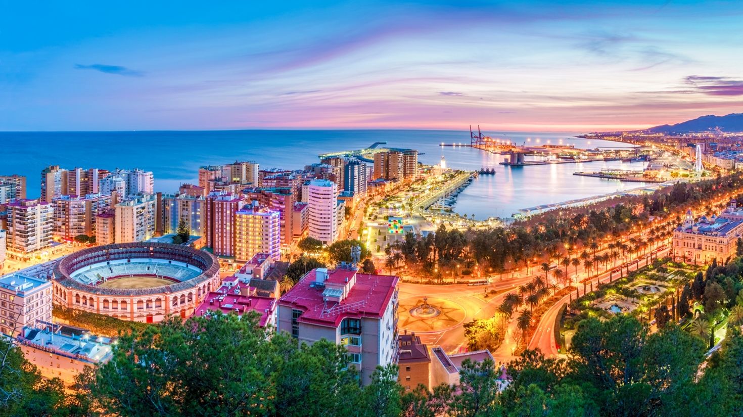 Evening view of Malaga, Spain