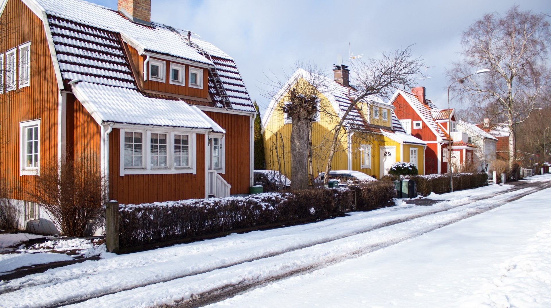 Houses covered in snow in Stockholm in Sweden in December.