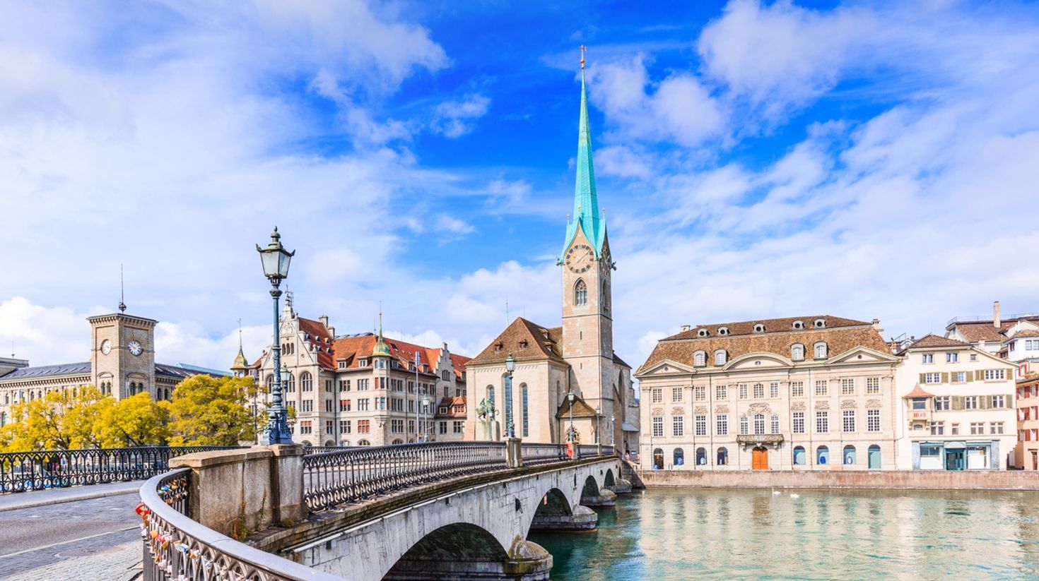 Fraumunster Church on a bright sunny day in Zurich.