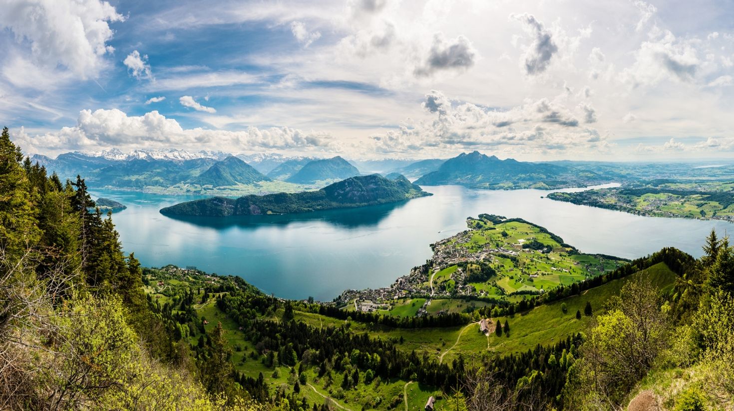 Enjoy a panoramic view of Lake Lucerne in Switzerland in July.