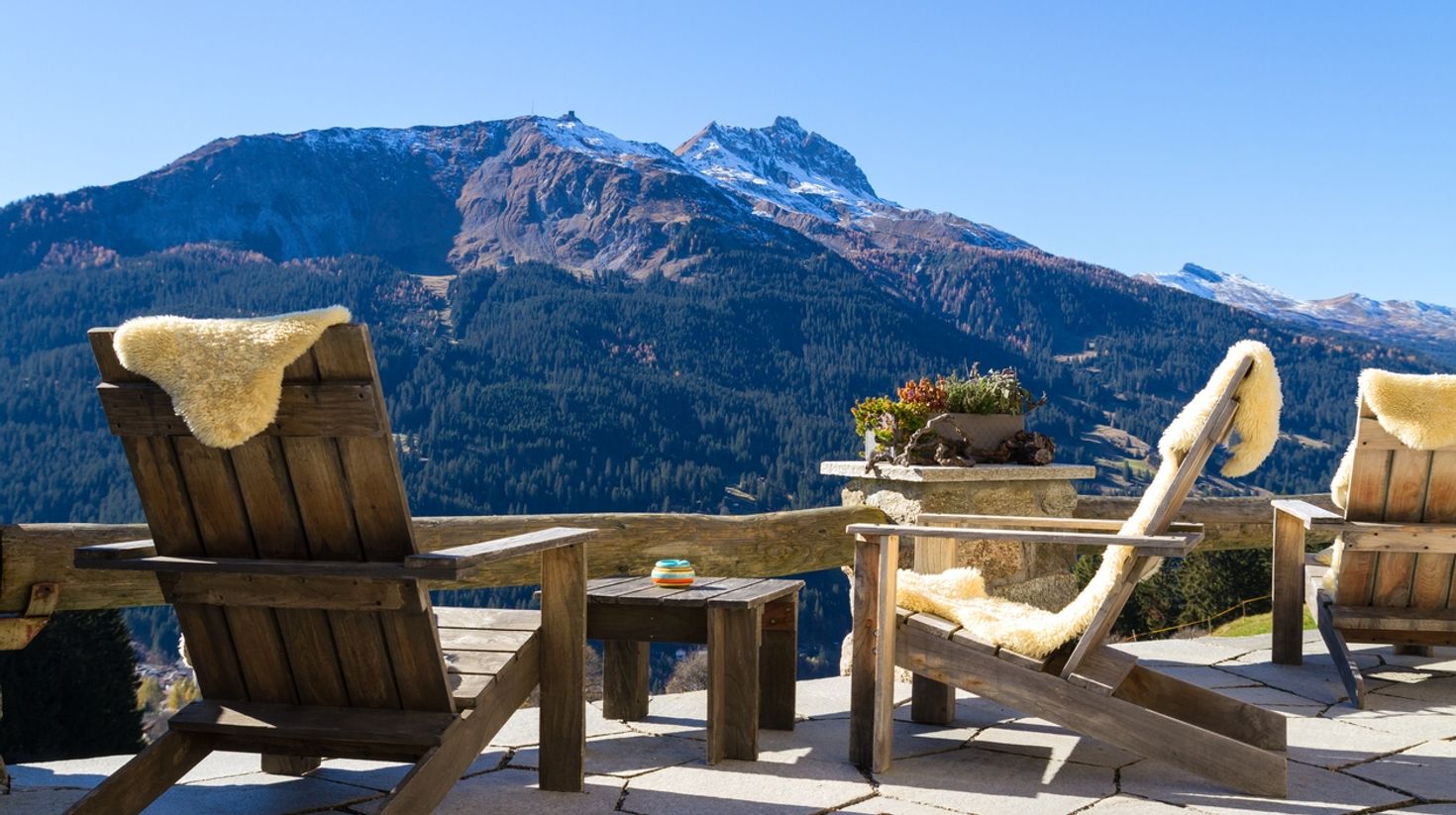 Enjoy the view from a nice mountain lodge in Switzerland in November.