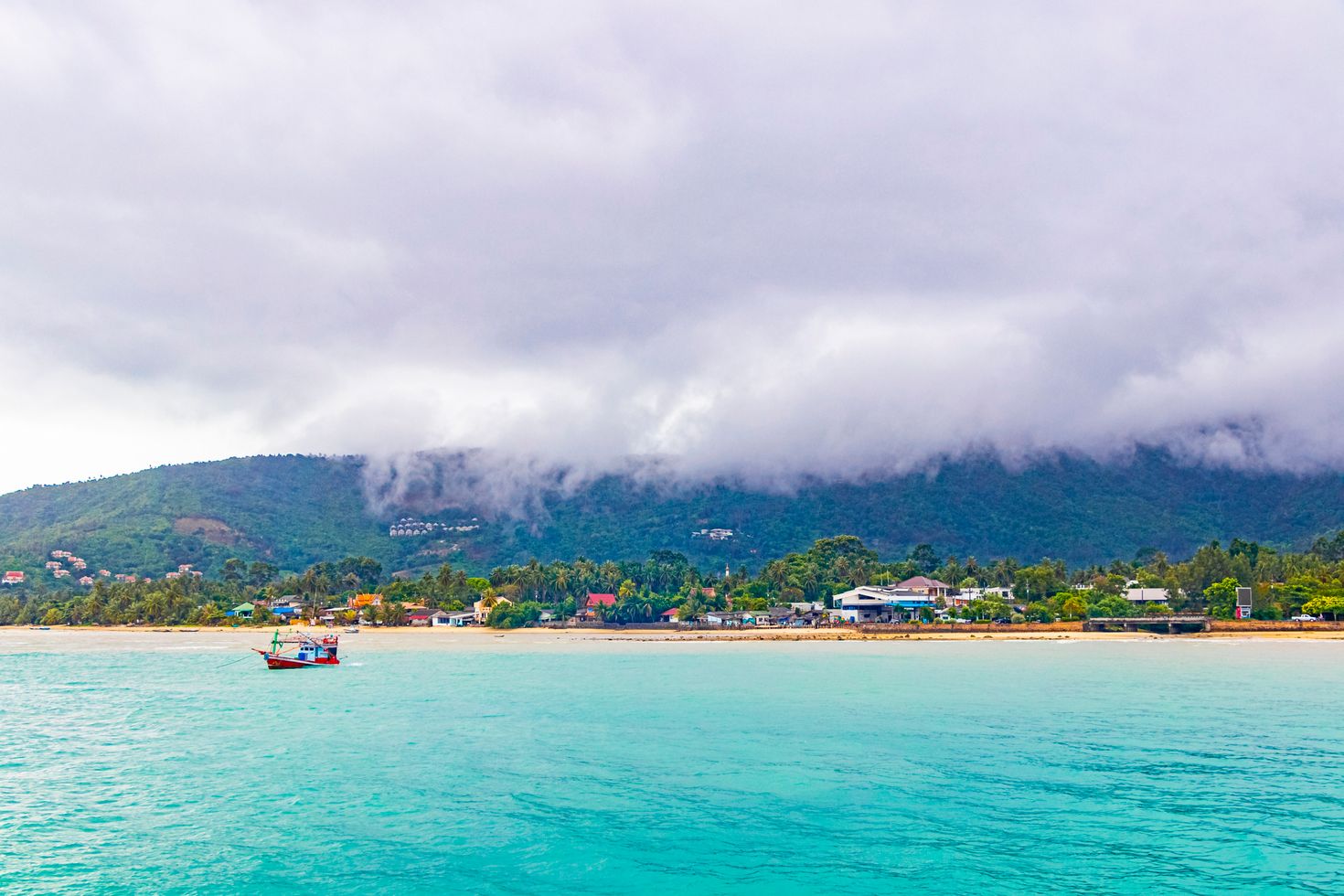 Koh Samui trip and panoramic view of beach on a rainy day, Thailand.