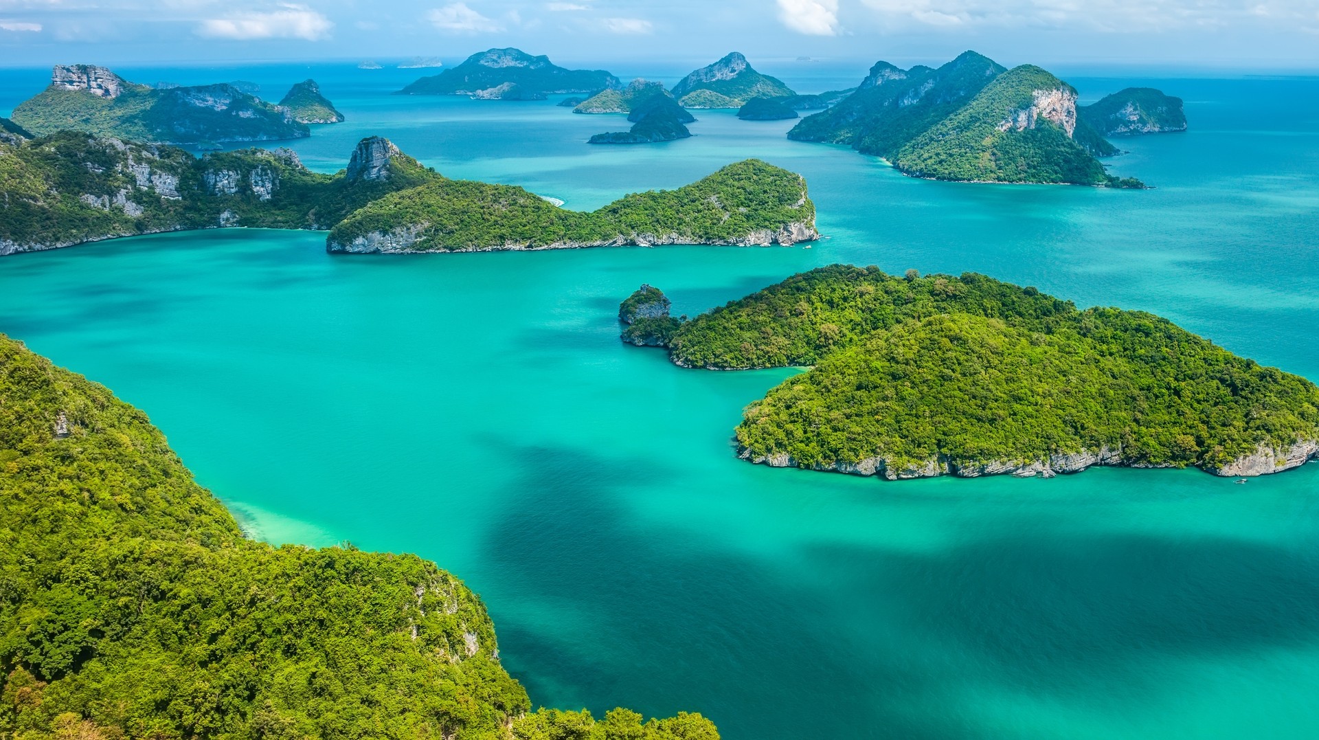 Ang Thong National Marine Park is a beautiful archipelago of 42 or so islands in the Central Gulf Coast of Southern Thailand in November. The aerial view of Ang Thong National Marine Park, Thailand in November.