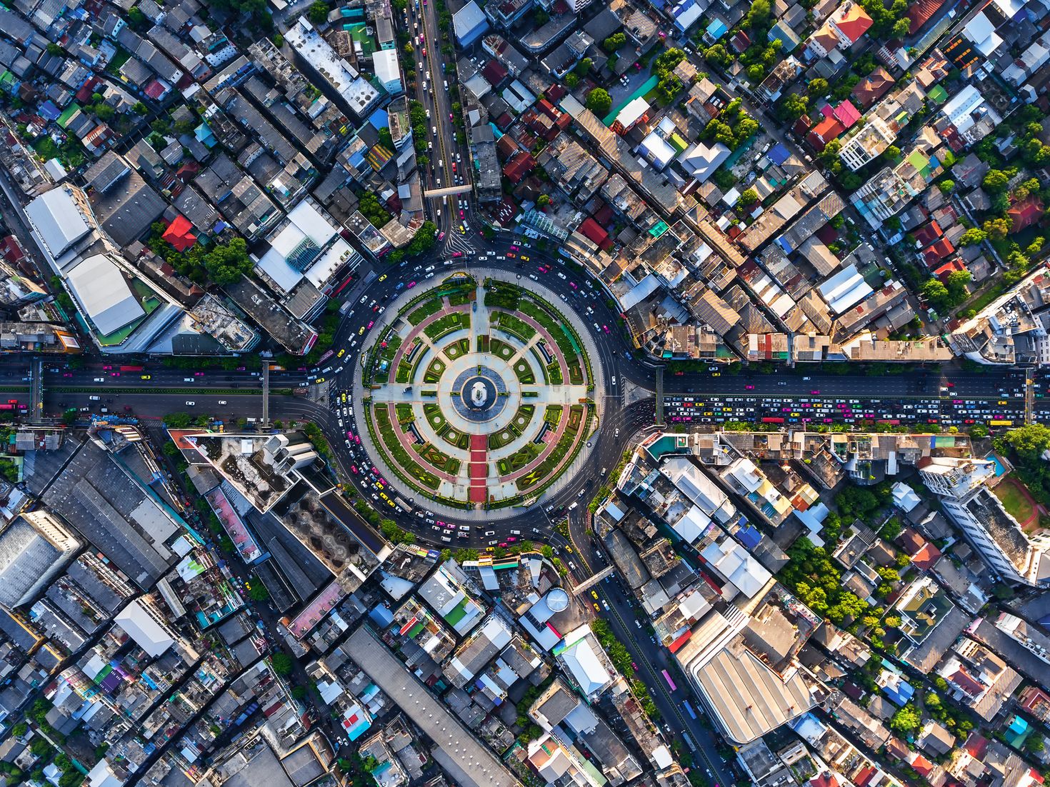 Road roundabout with car lots in Bangkok, Thailand in December.