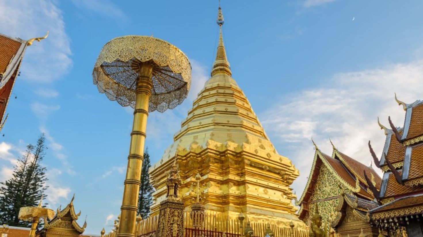 The front view of Wat Doi Suthep on a clear summer day in Thailand.