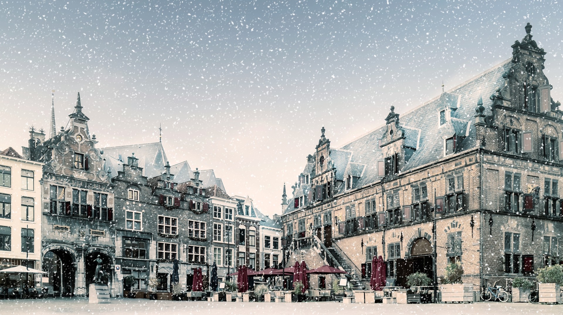 Watch the Netherlands blanketed in snow in January. Snowfall at the city center of Nijmegen in the Netherlands in January.