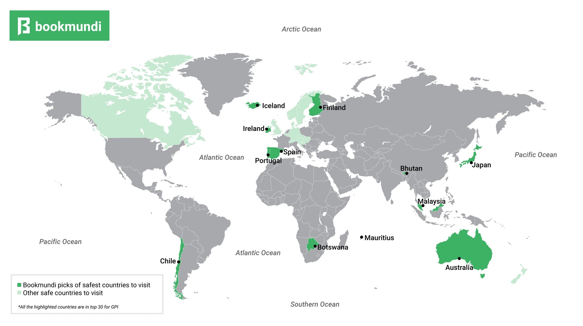 An overview map of the safest countries to visit in the world.