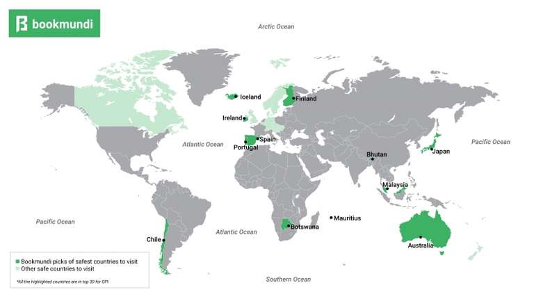 An overview map of the safest countries to visit in the world.