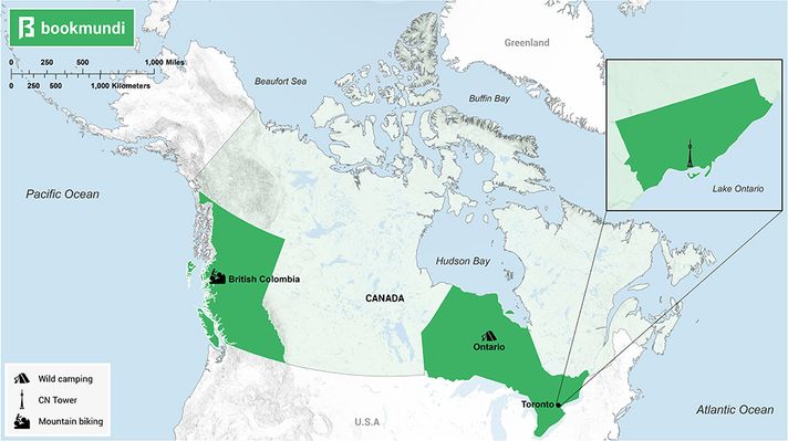 An overview map of adventures in Canada