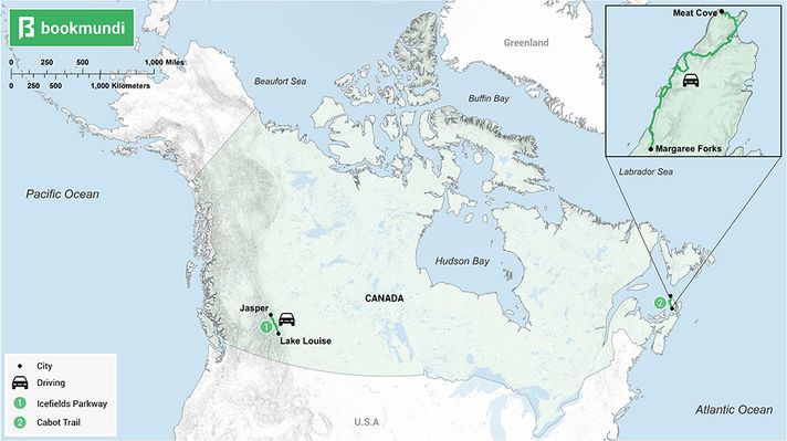 An overview map of road trips in Canada