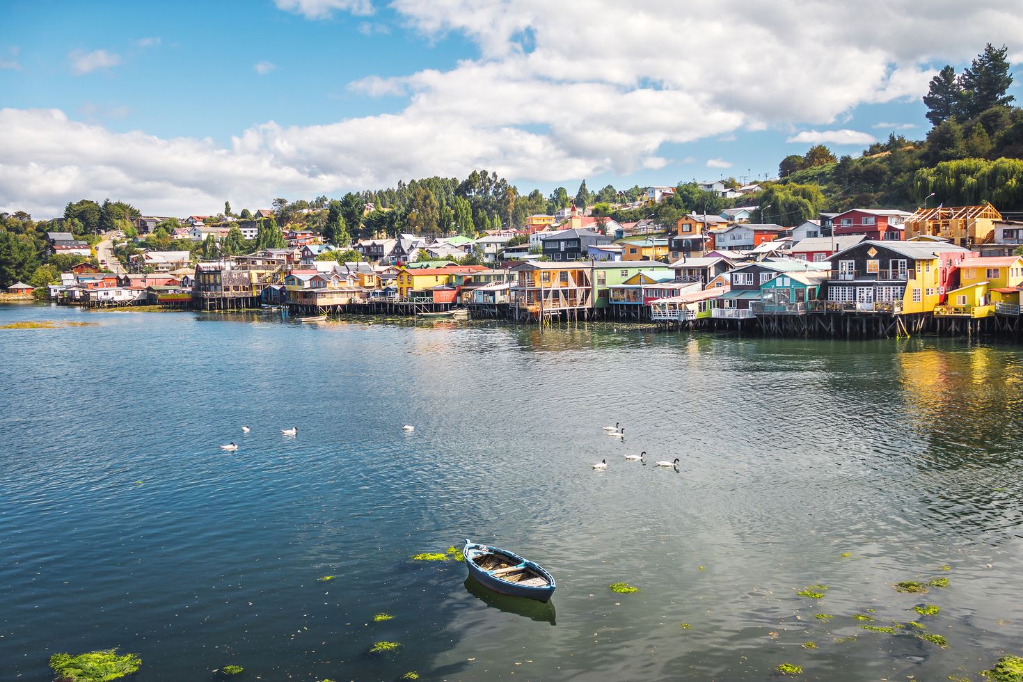 colorful houses sit on stilts on water with lush landscape in the backgroun