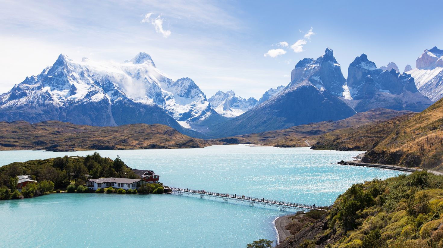 A view of Lake Pehoe and bridge in  Torres del Paine national park.