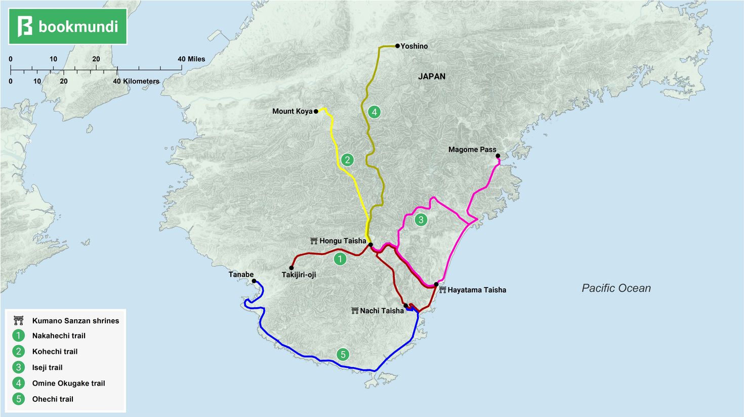 An overview map of Kumano Kodo trails An overview map of Kumano Kodo trails