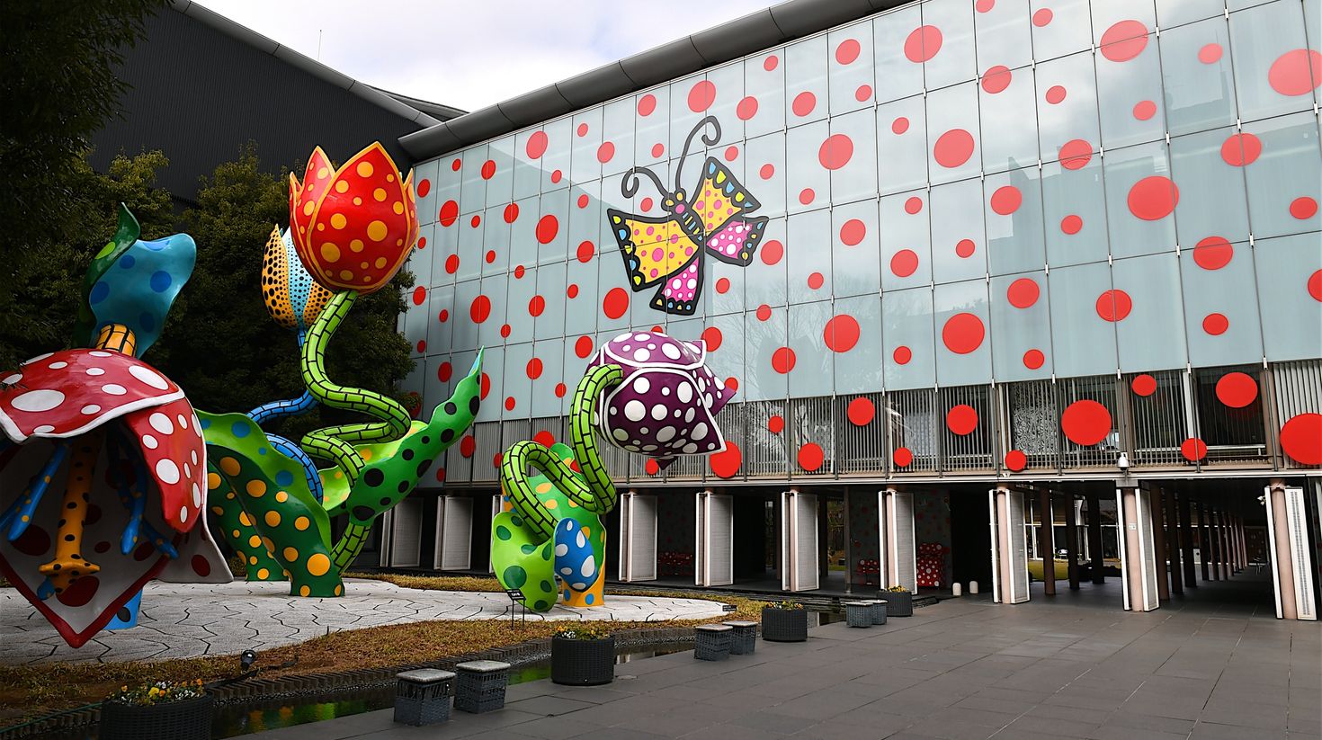 Sculptures of flowers outside Matsumoto City Museum of Art in Japan.