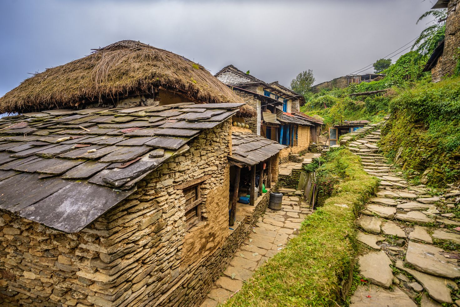 stone houses and stone inlaid pathways in the hills of Pokhara