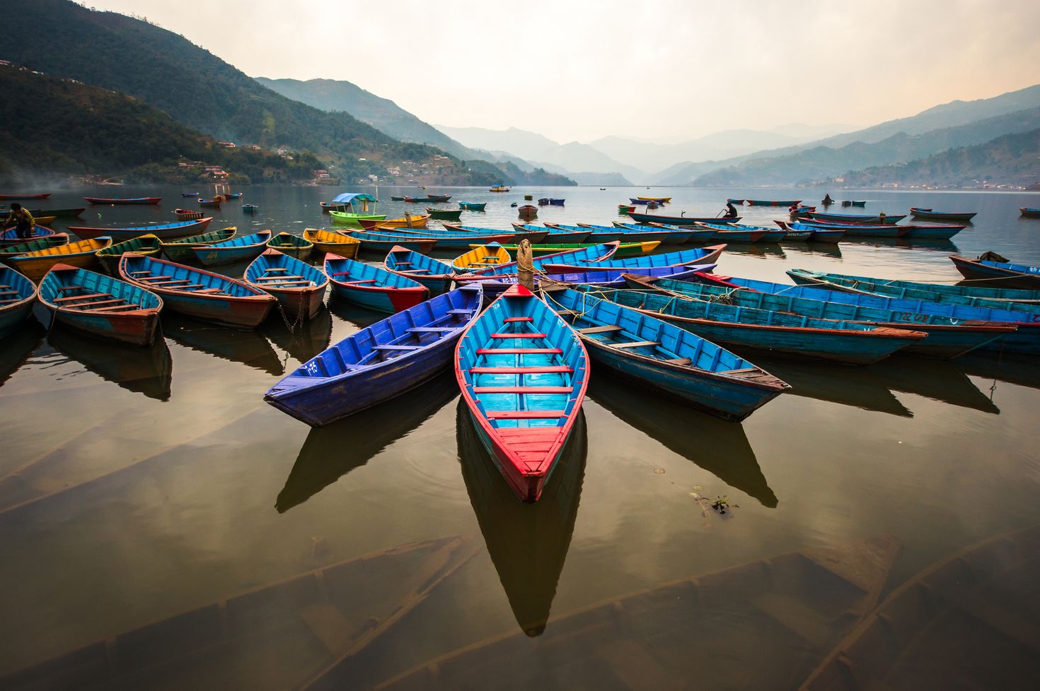 colorful boats on the lake in Pokhara
