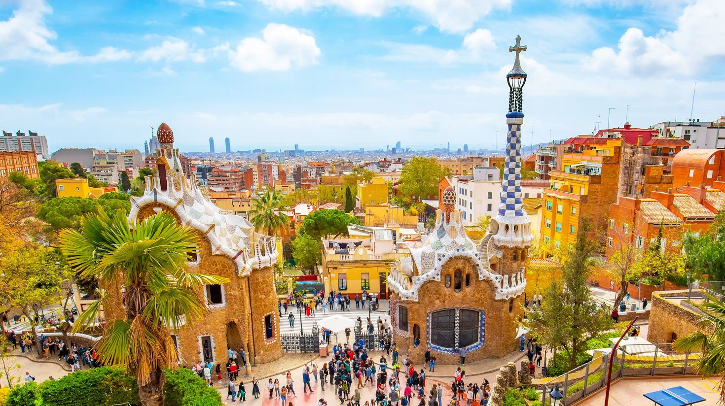 Spain's famous Park Guell with Barcelona city skyline on a clear day.