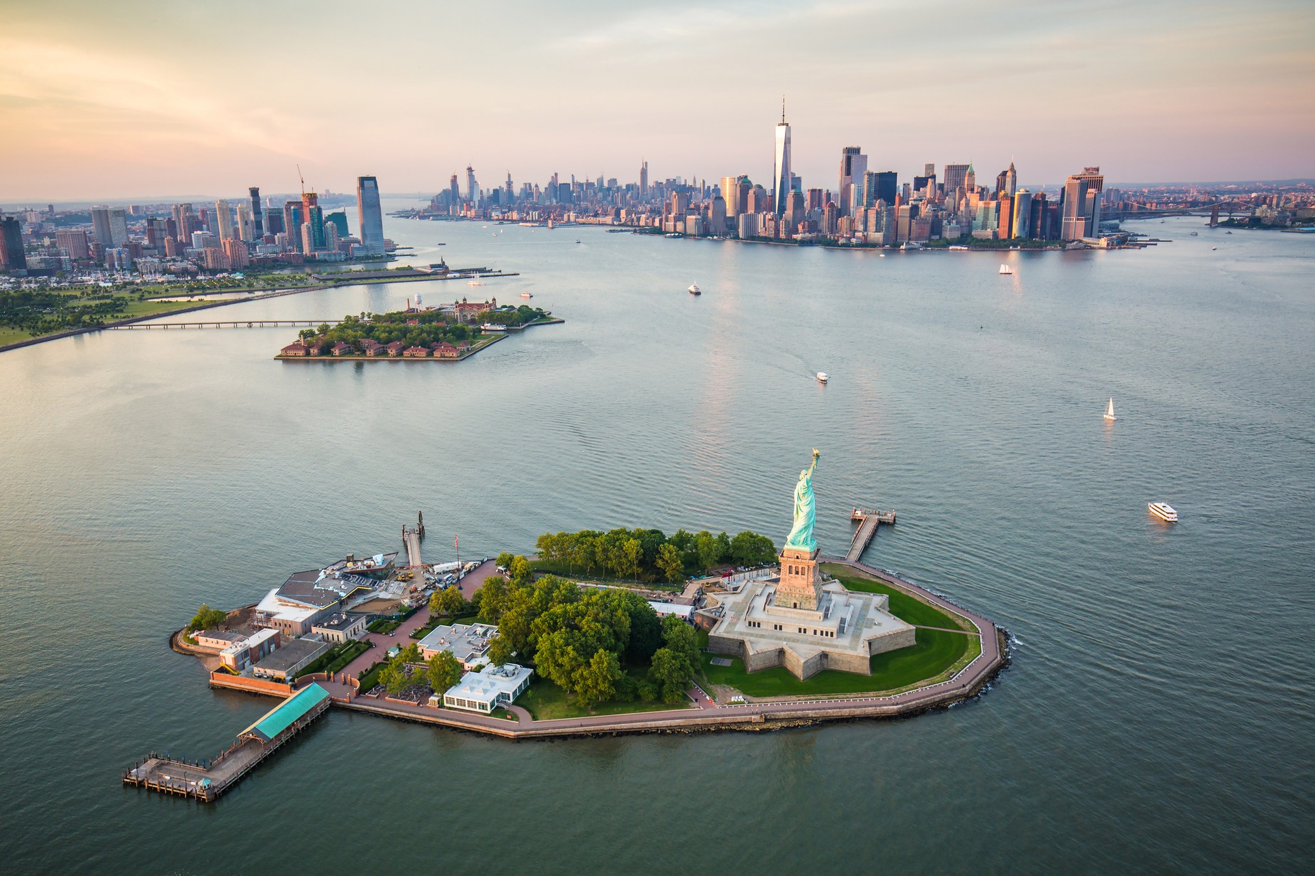 An aerial view of New York City and the Statue of Liberty. These are two of the best things to do in the USA.