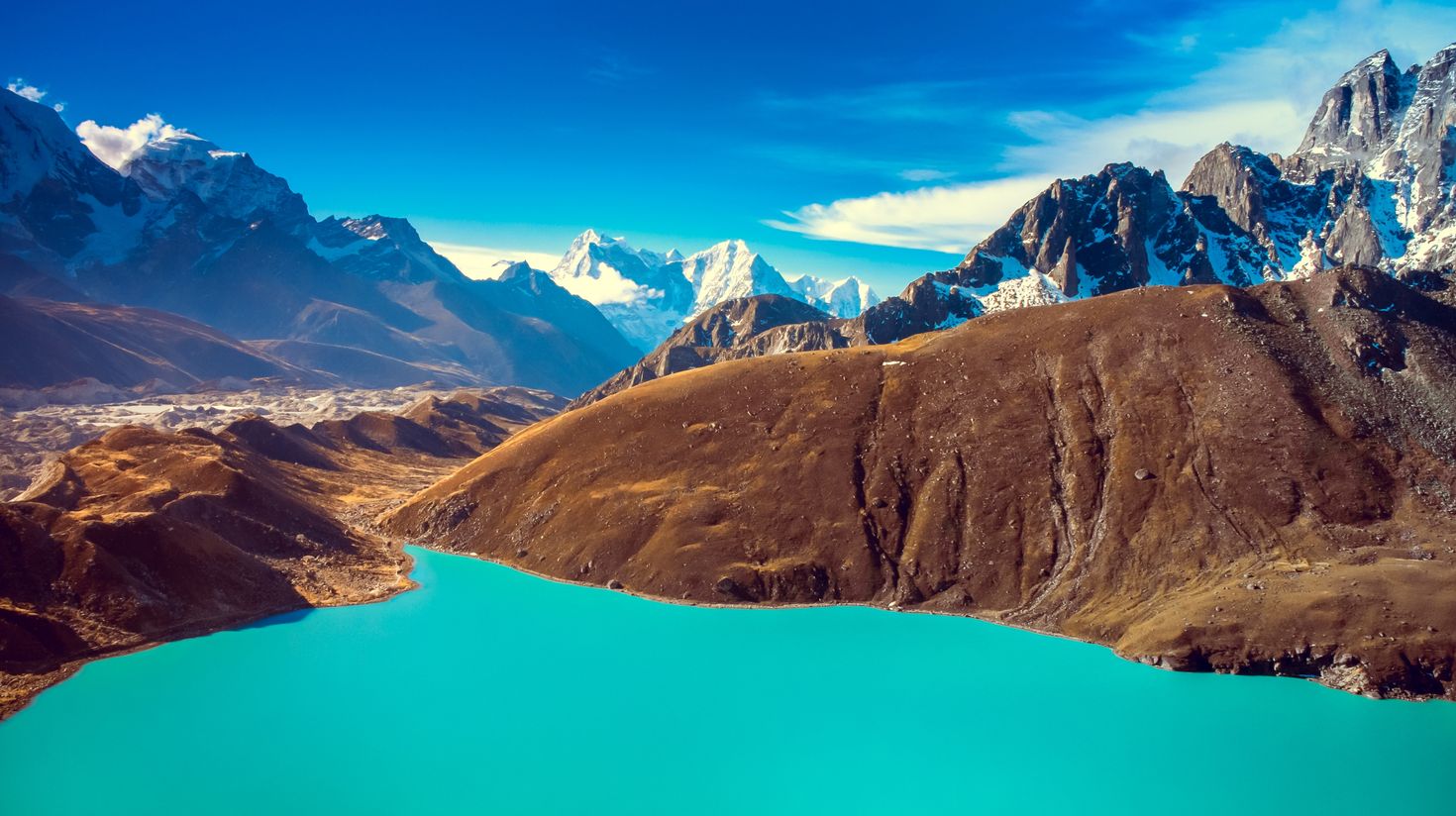 The sparkling and emerald green waters of one of the five Gokyo Lakes.