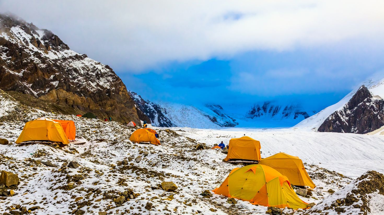 Tents in the Makalu Base Camp covered in snow.