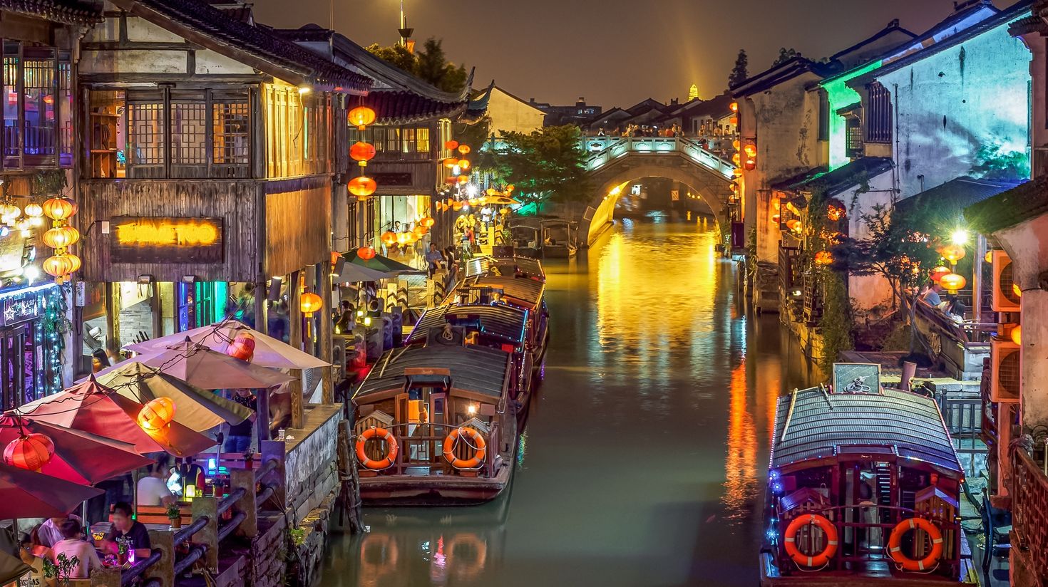 A lit up and lively night at the Grand Canal, Suzhou