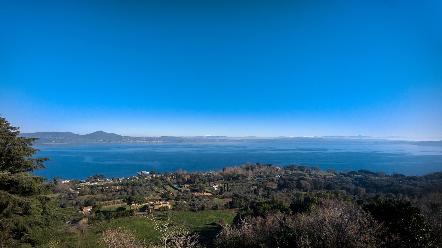 A panoramic view of Lake Bracciano in Italy.