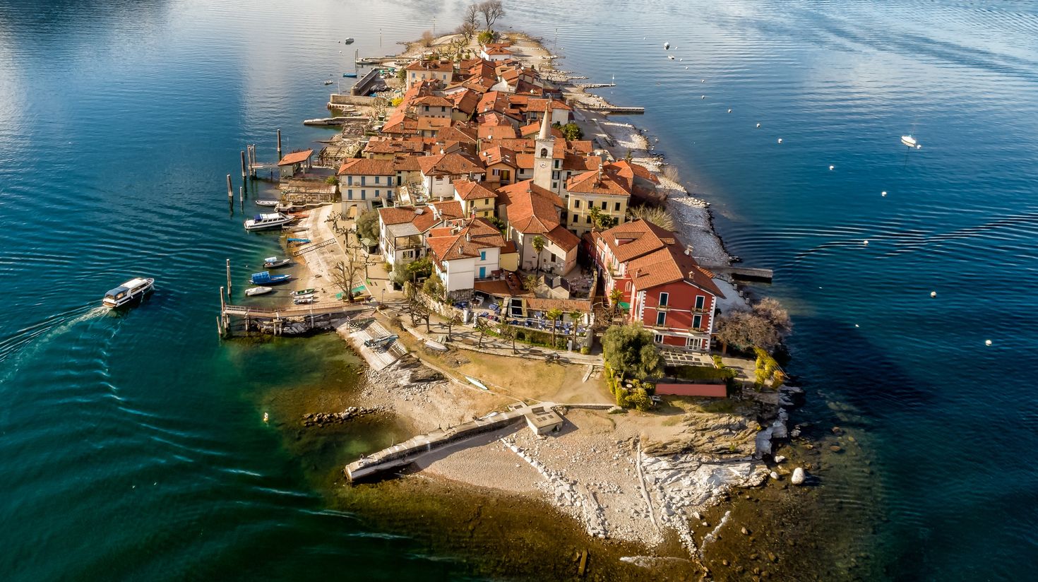 A bird's eye view of Lake Maggiore in Italy.