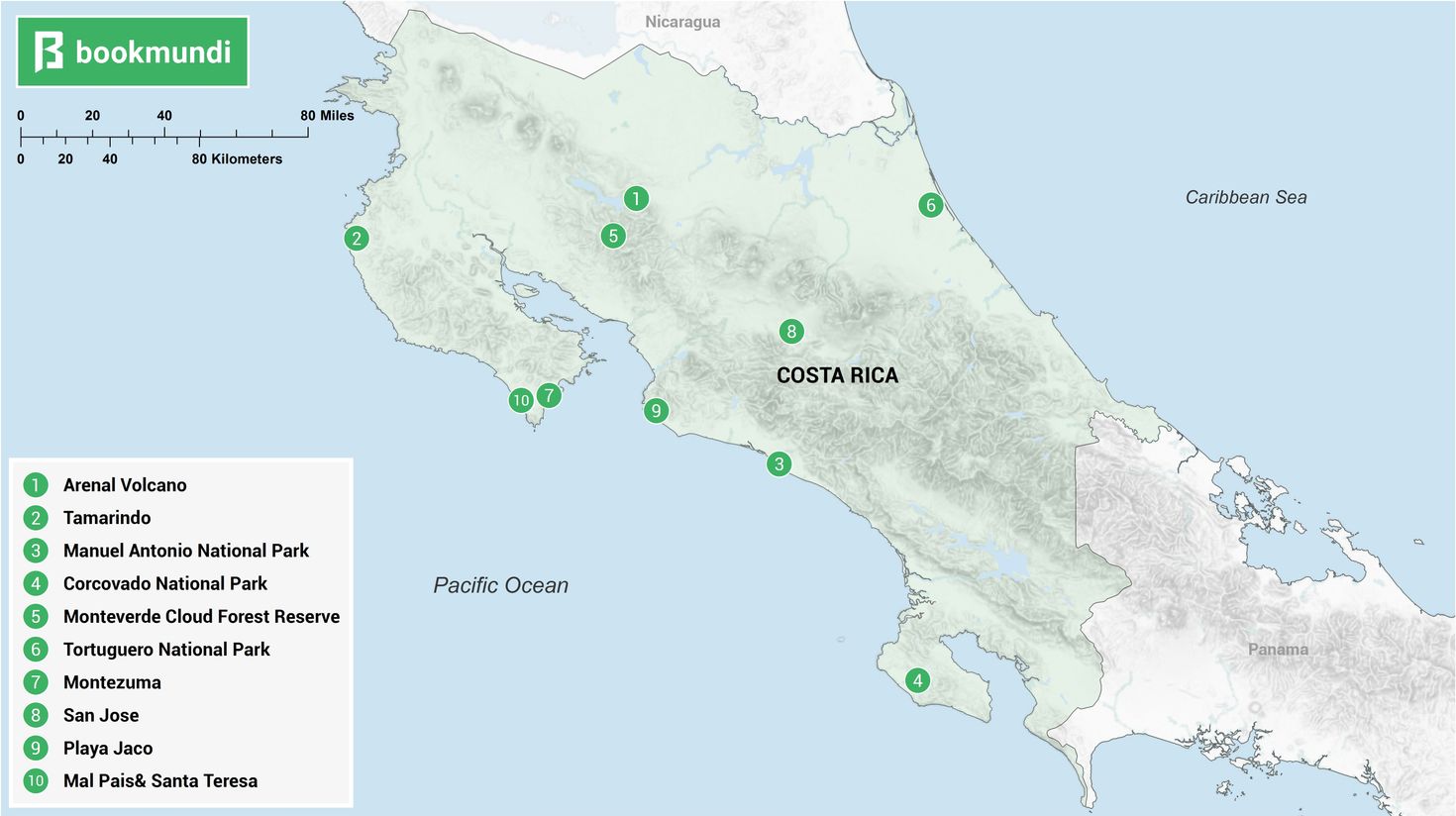 A map showing the best places to visit in Costa Rica