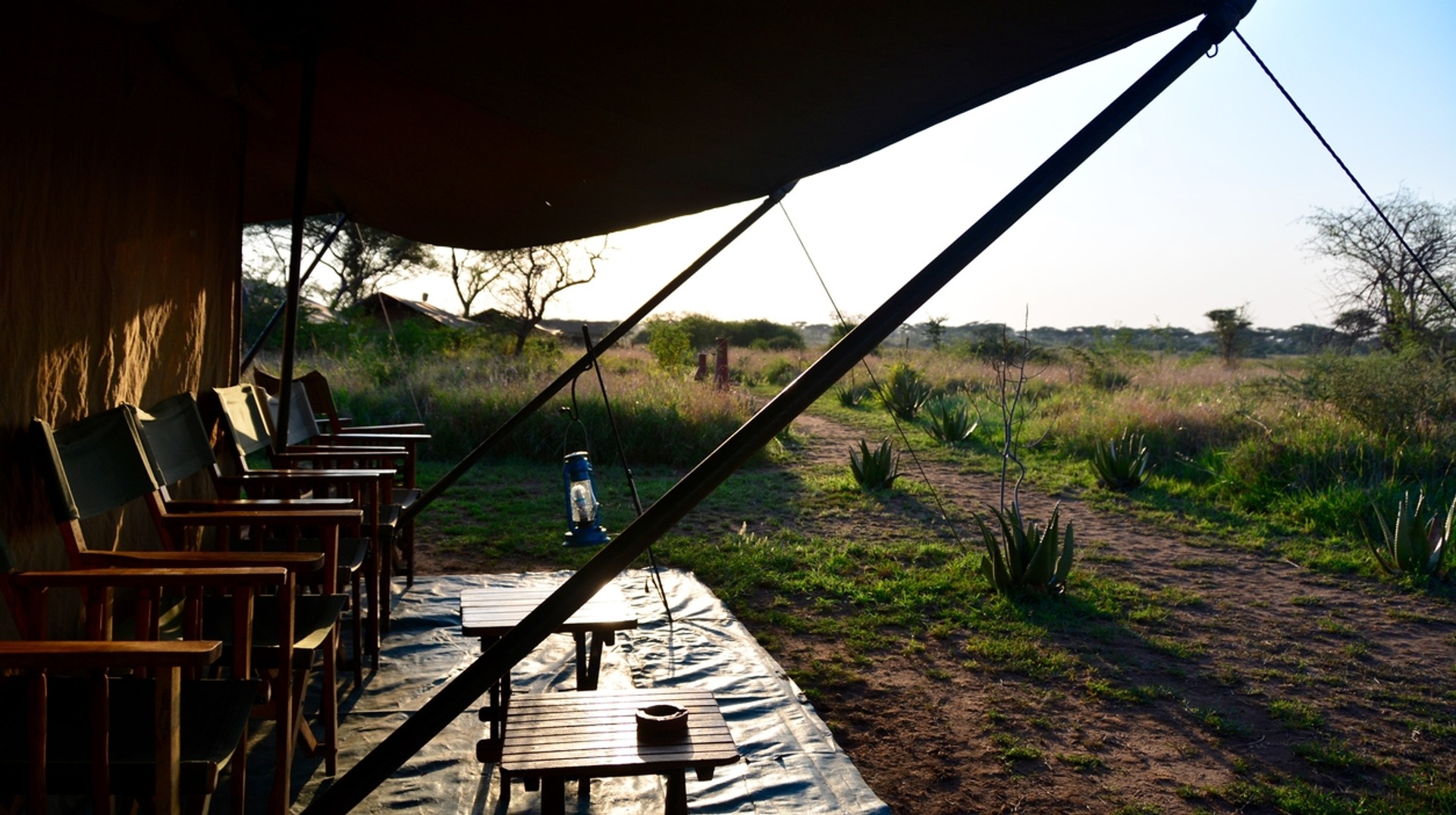You can choose from lodges to hotels as one of the accommodation in Serengeti National Park. Chairs and tables outside a tent in the wilderness