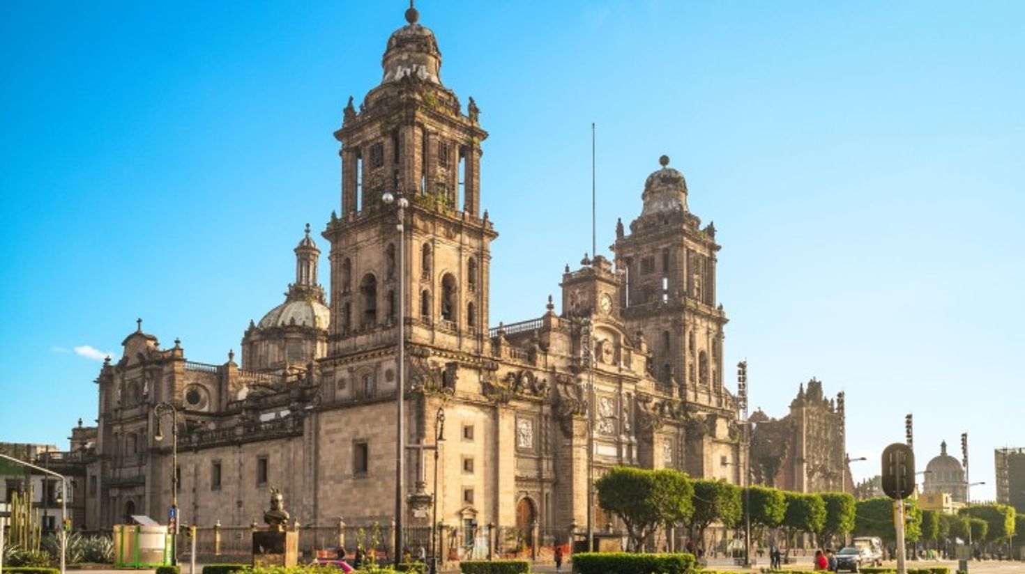 The front view of Metropolitan Cathedral on a clear day in Mexico city.
