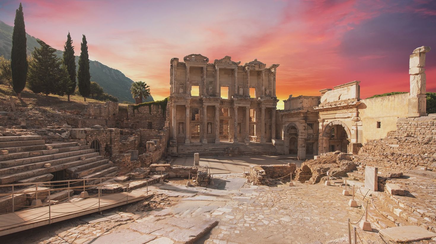 The ruins of The Celsus library during sunset in Ephesus.