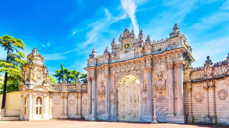 See Dolmabahce Palace on a sunny day while visiting 8 days in Turkey.