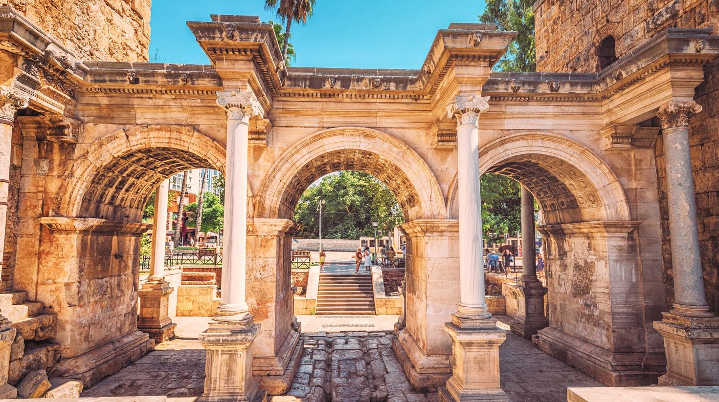The Emperor Hadrian's gate in Antalya in sunny weather in Turkey in December.