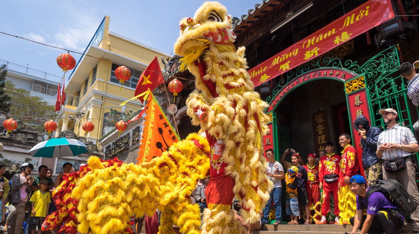 A lion dance to celebrate Lunar New Year at Thien Hau Pagoda in Vietnam.