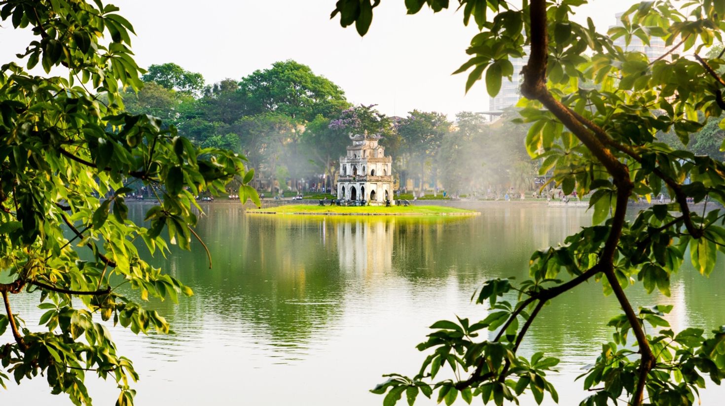 Get this view of Turtle tower in Hanoi in March.