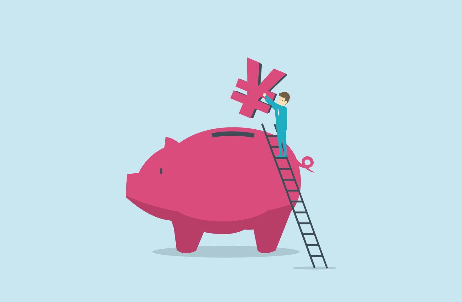 An animated man depositing Chinese RMB into a large piggy bank