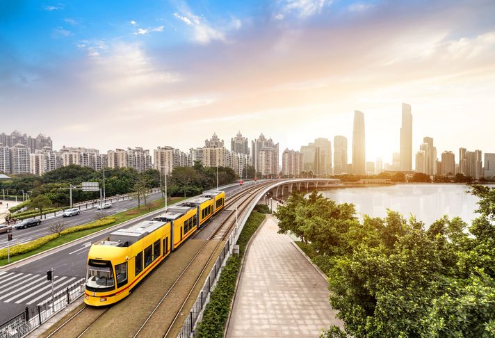 A sightseeing train taking its usual route in Guangzhou, China