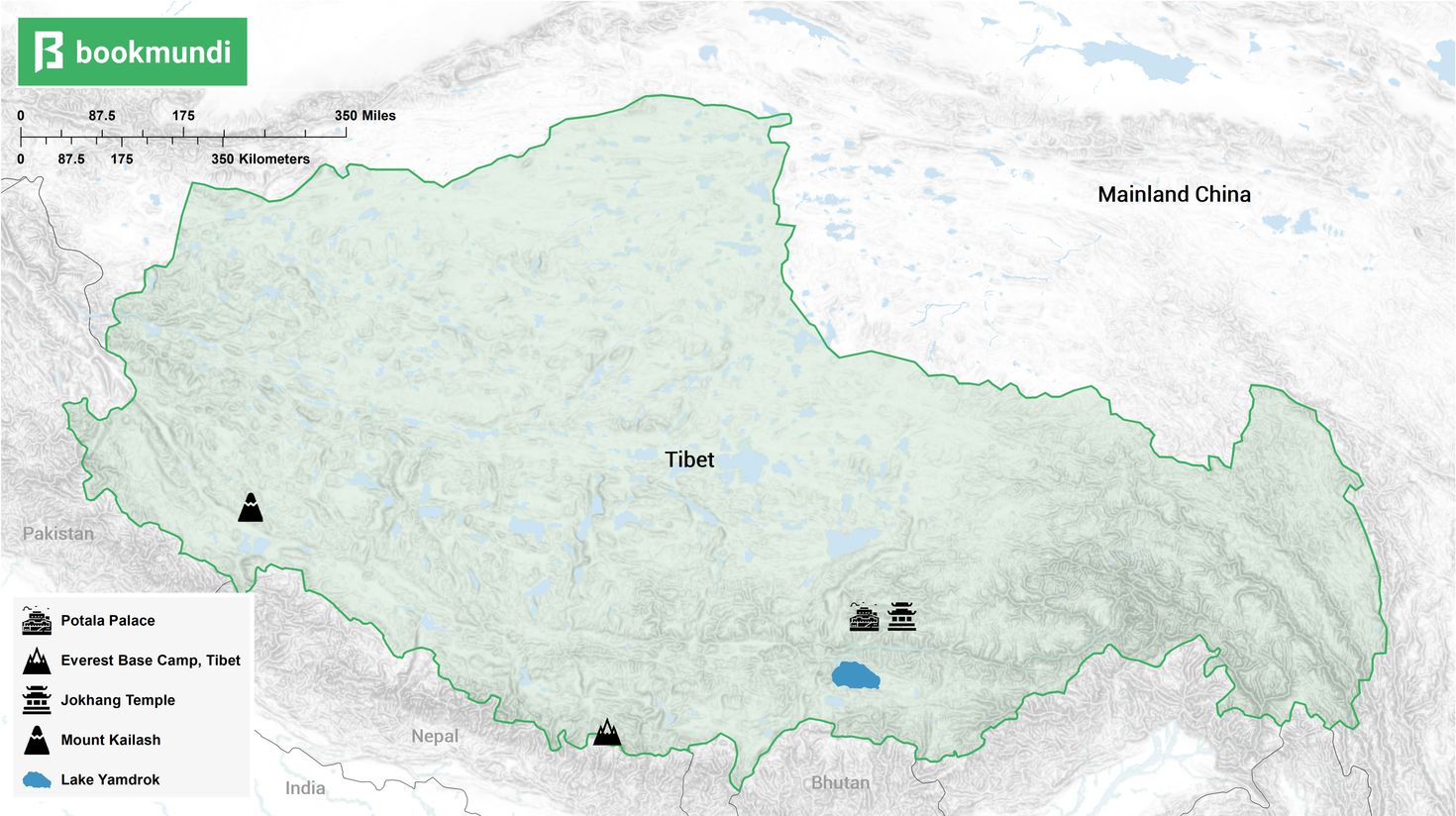 An overview map of the top 5 attractions to see when you visit Tibet