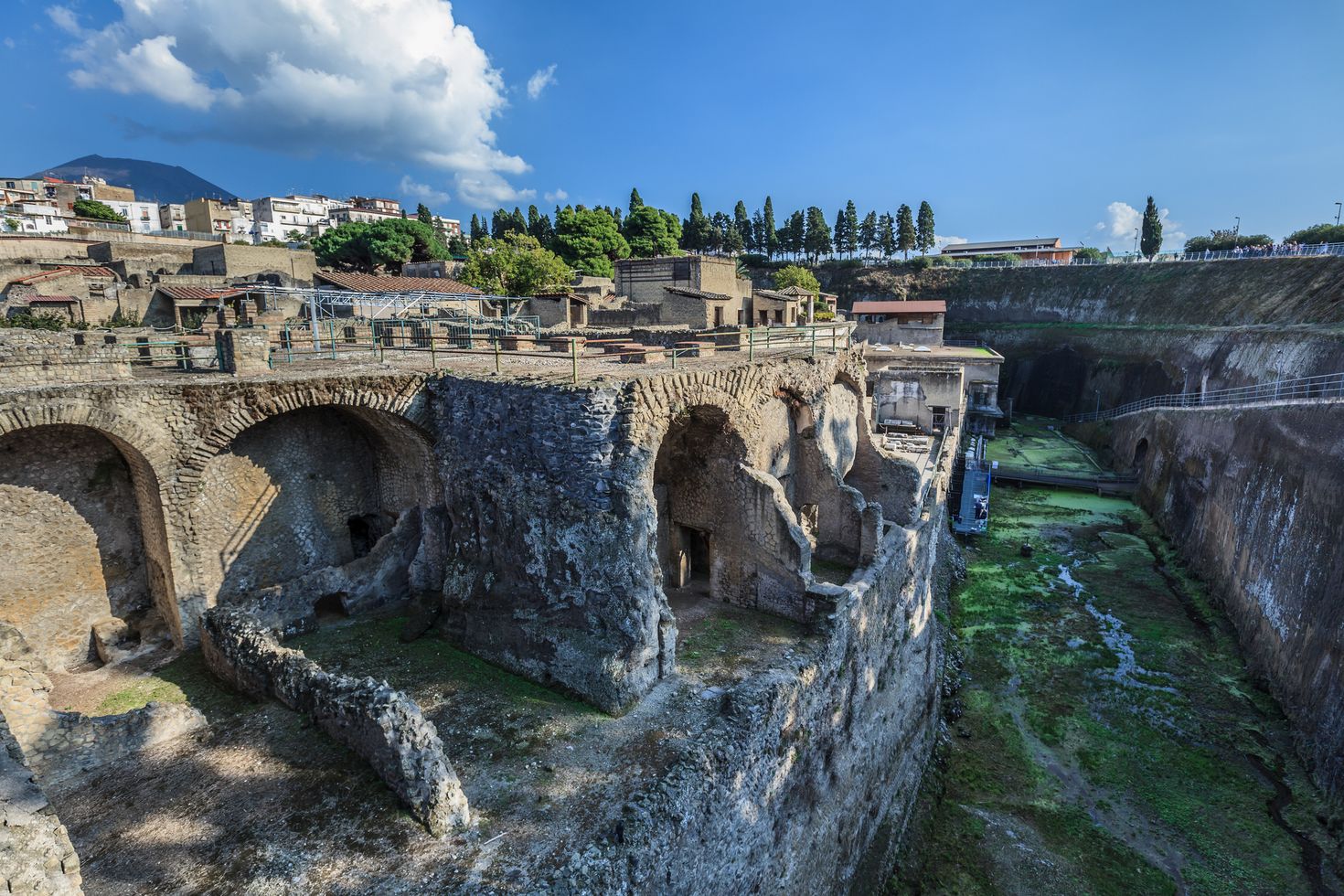 Herculaneum is a town smothered by the volcanic ash of Mount Vesuvius.