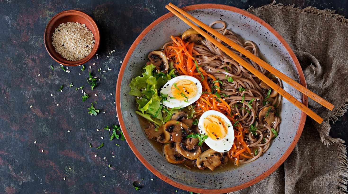 Ramen consists of wheat noodles served with meat broth and other toppings.