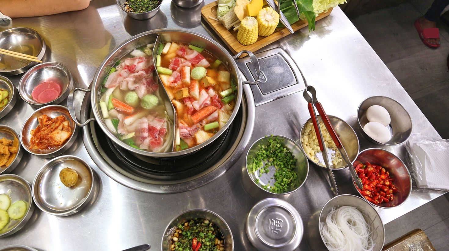 Shabu shabu is a hotpot dish of vegetables and sliced meat boiled in water.