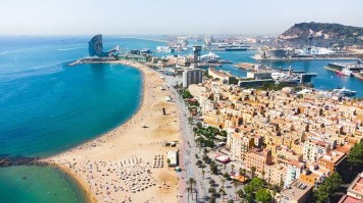 Aerial view of La Barceloneta beach and residential district, situated in B